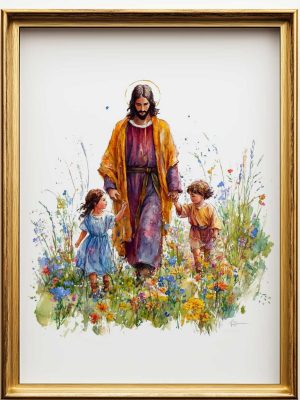 Plakat akwarela Jezus z dziećmi idzie przez łąkę