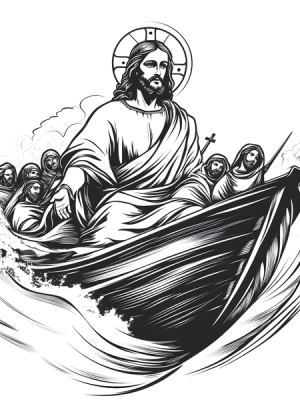 Jezus na łodzi grafika rysunek czarno biały obraz clipart dewocjonalia