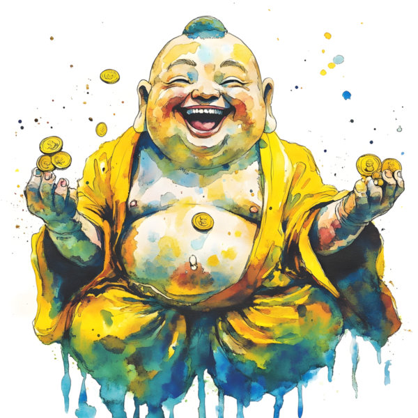 Gruby śmiejący się Budda plakat na szczęście i dobrobyt 5 plików PNG
